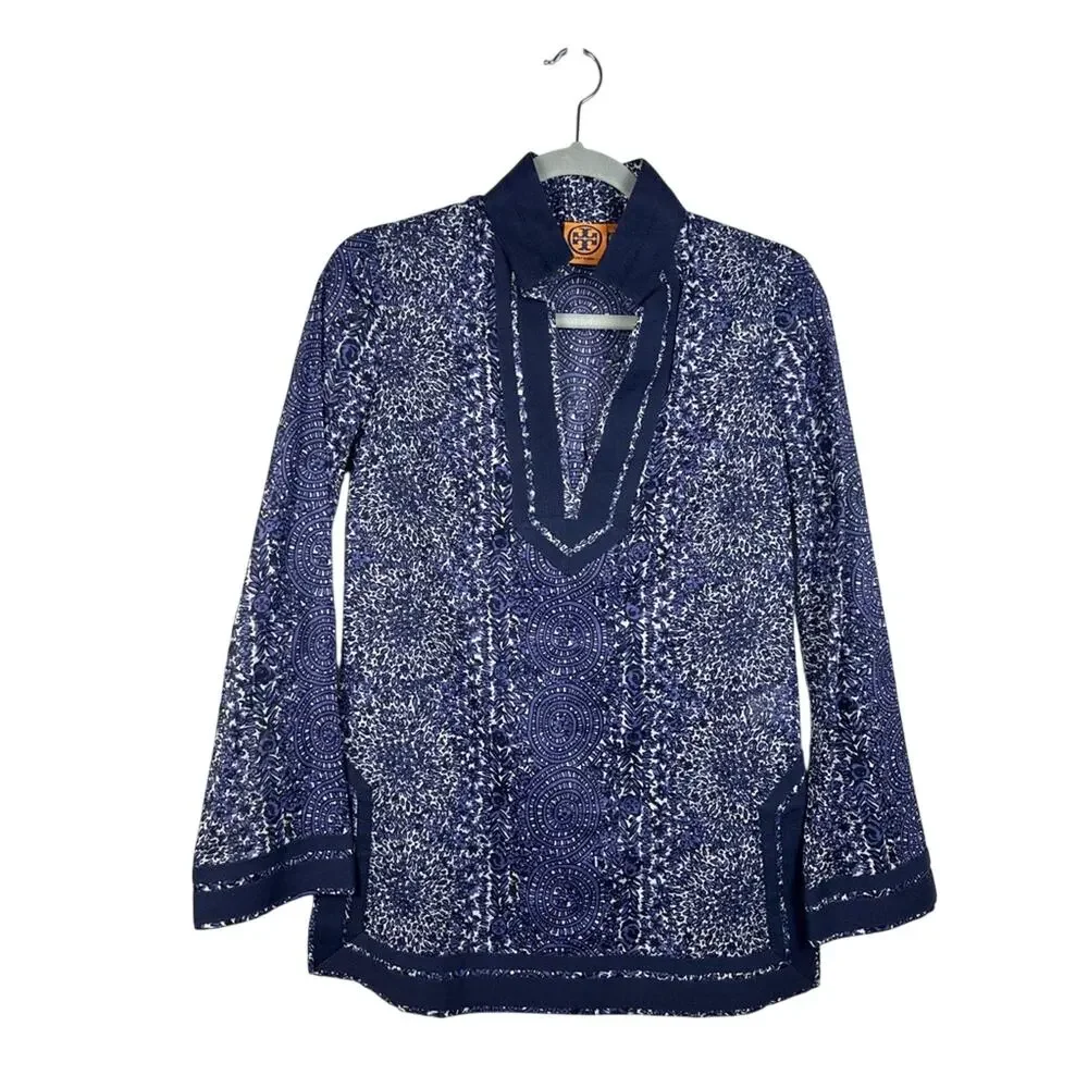 Tory Burch Blue White Print Cotton Tunic‎ Blouse Size 0 EUC Classic Resort Style